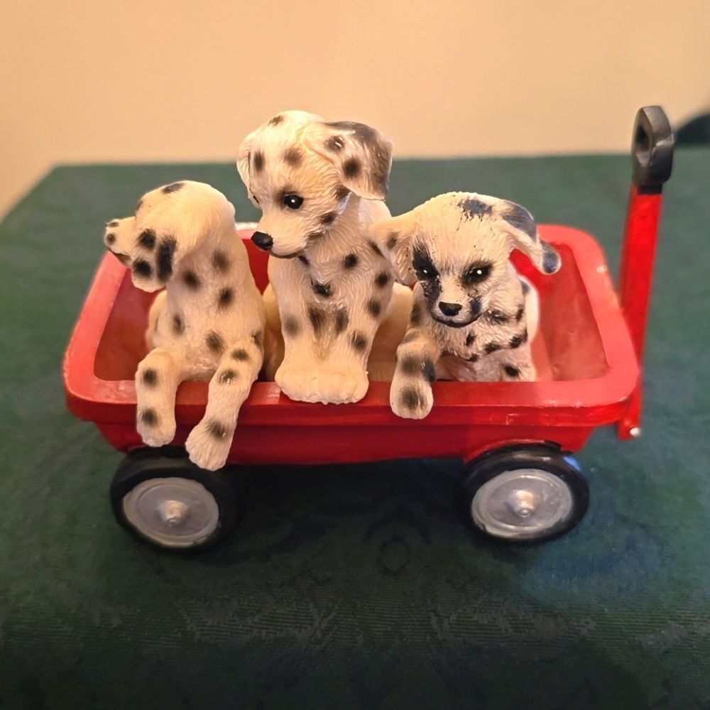Vintage Young 3 playful Dalmatians‎ in a red wagon 4 in wide 3 in tall